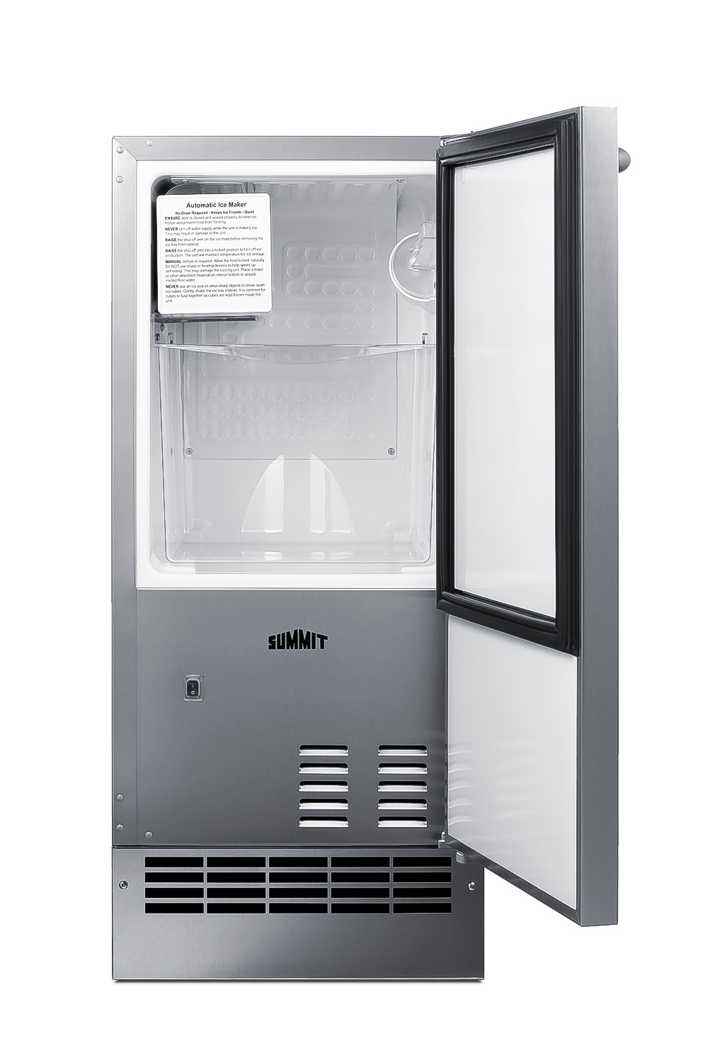 Built-in undercounter ADA compliant manual defrost icemaker wrapped in a stainless steel exterior finish; no drain required